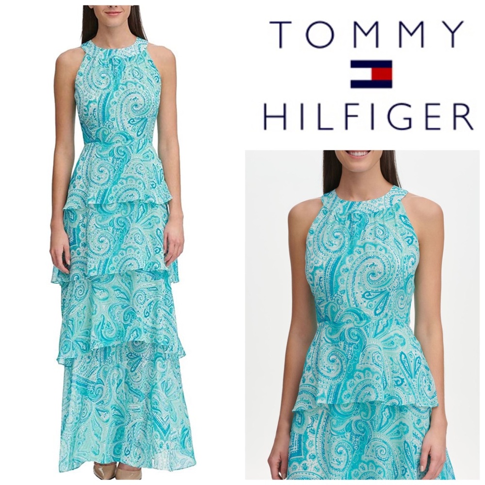 Tommy Hilfiger Tiered Aqua Maxi Dress Paisley 12